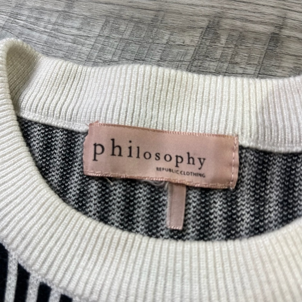 Philosophy Sweater Women XL Black White Striped Balloon Sleeve Geometric Knit - Picture 3 of 7
